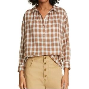 Nili Lotan Myra Plaid Cotton Shirt Blouse Brown sz M Peasant Boho Western EUC